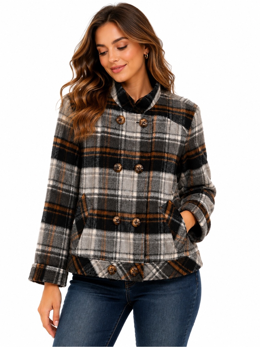 Worthington Women’s L Plaid Double Breasted Jacket Gray Brown Acrylic Coat